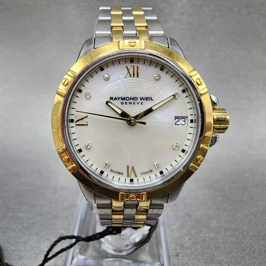 Raymond Weil 5960 Watch Women 30mm MOP Dial Two Tone Date Diamond Marker New Bat