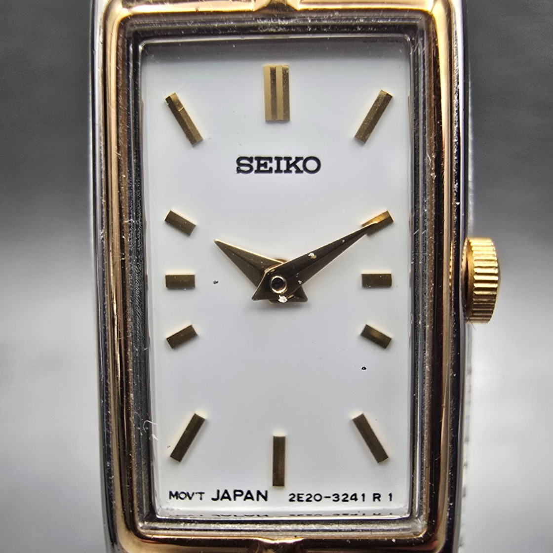 Seiko Tank Watch Women 13mm White Dial Two Tone Rectangle 2E20-7479 New Batteryv1