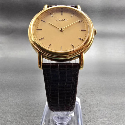 Seiko Pulsar Watch Men 34mm Gold Dial Gold Tone Round V501-X024 New Battery VTG5