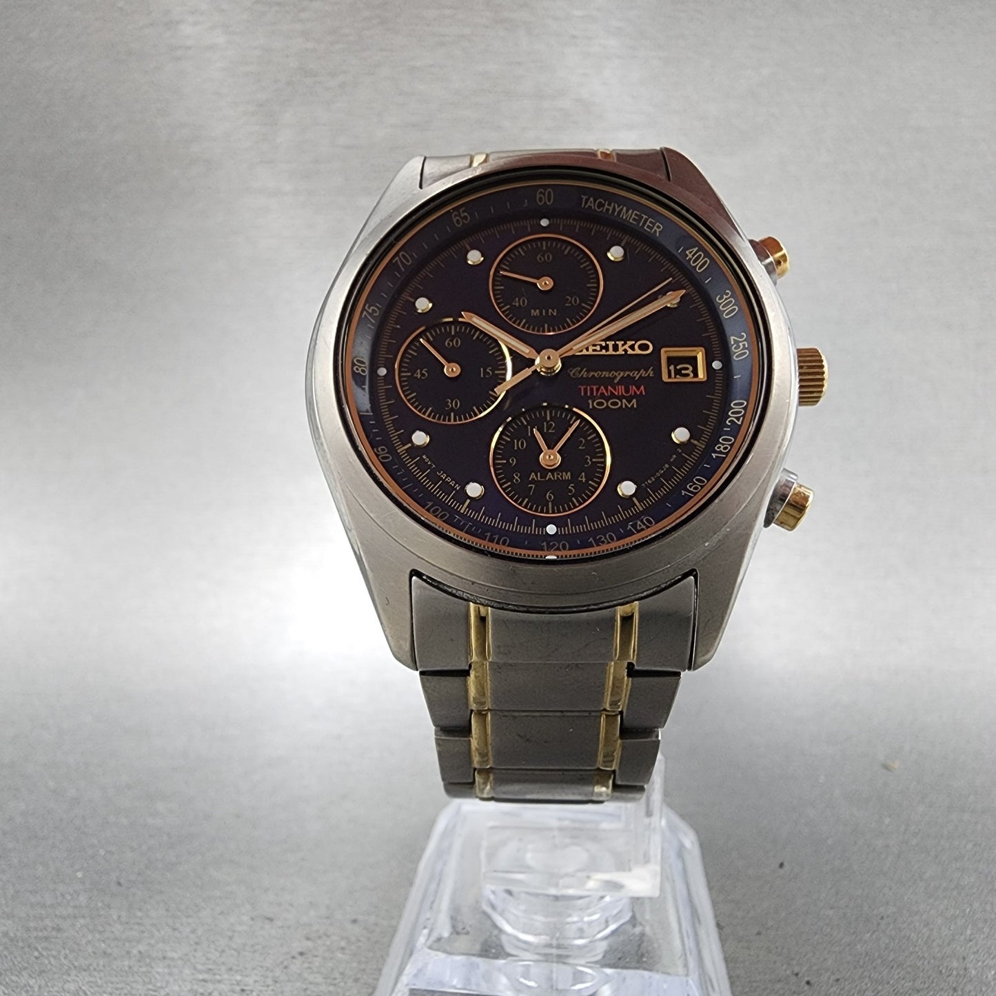 Seiko Chronograph Watch Men 38mm Blue Dial Titanium Date Alarm 7T620FD0 PARTS6
