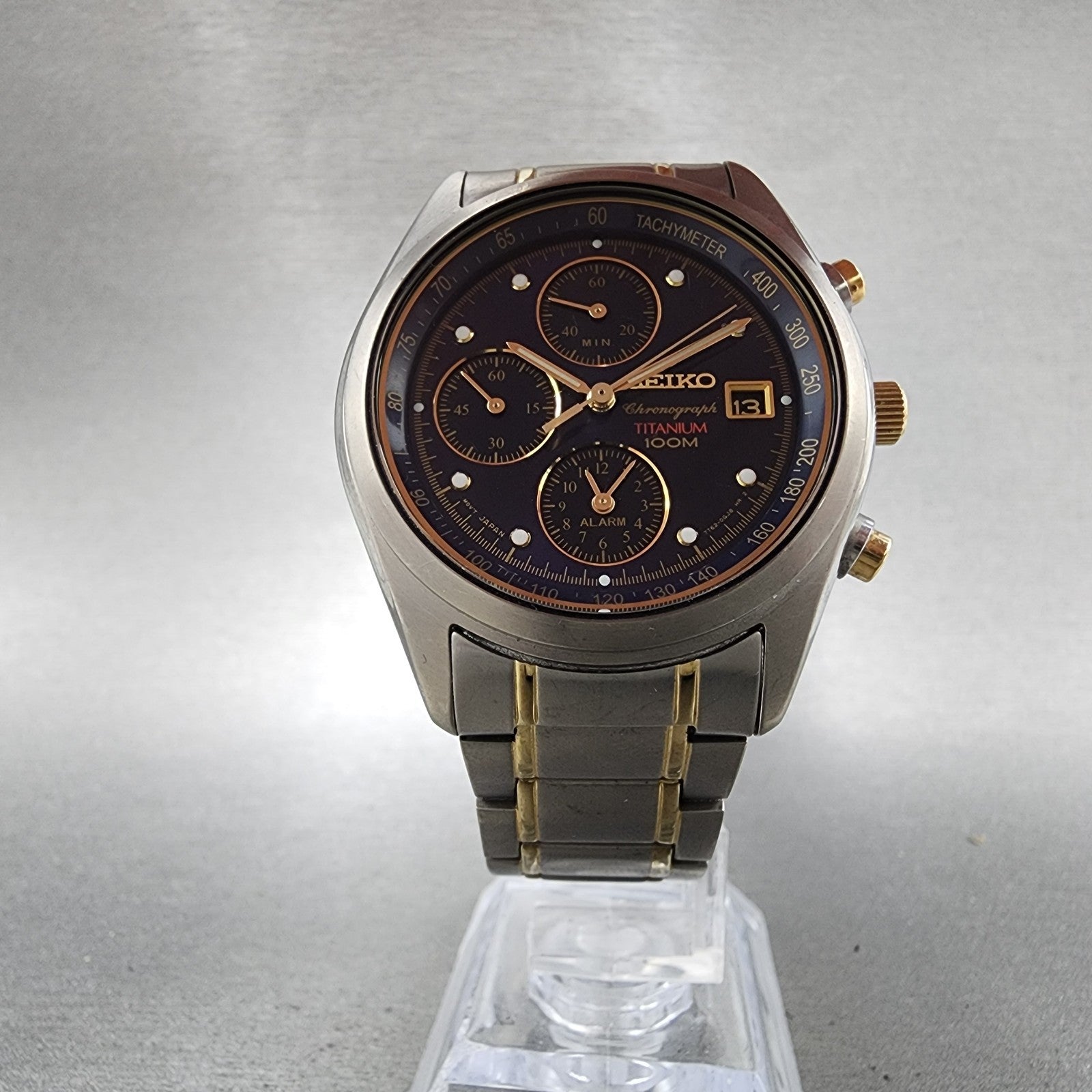 Seiko Chronograph Watch Men 38mm Blue Dial Titanium Date Alarm 7T620FD0 PARTS6