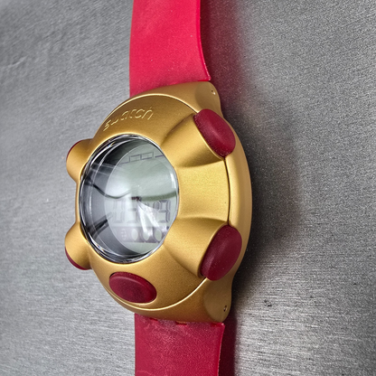 Swatch Beat Golden Virtual Wave Watch Men 47mm Gold Red YQG1000 New Battery NOS5