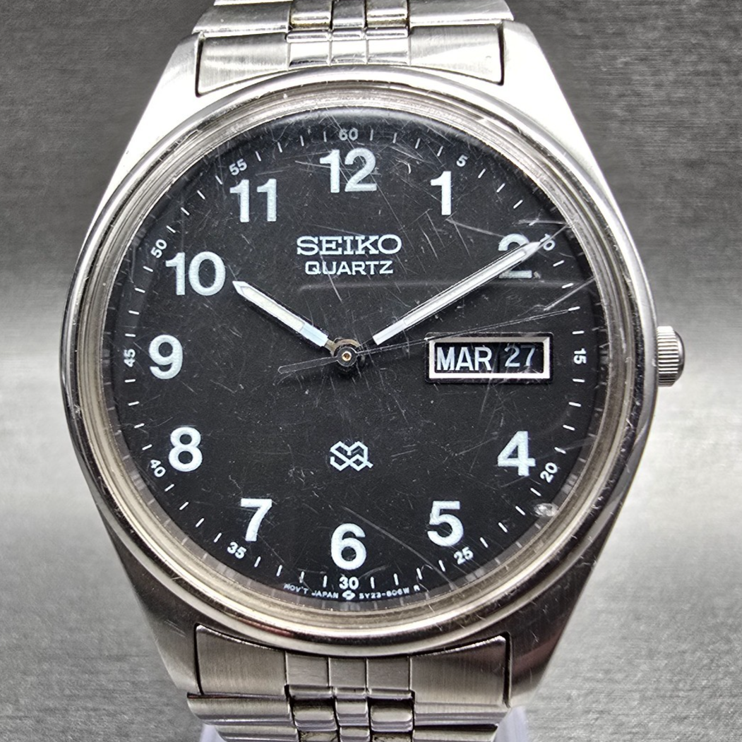 Seiko SQ Watch Men 35mm Black Dial Silver Tone Daydate Round 5Y23-8040 New Batt1