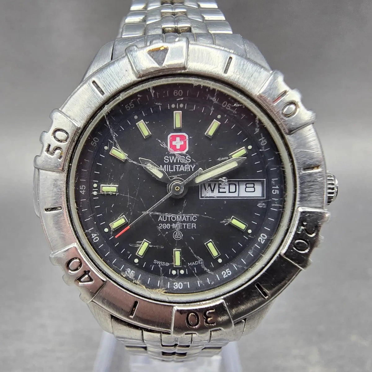 Swiss Military Automatic Dive Watch Women 30mm Black Dial Steel Daydate Works3