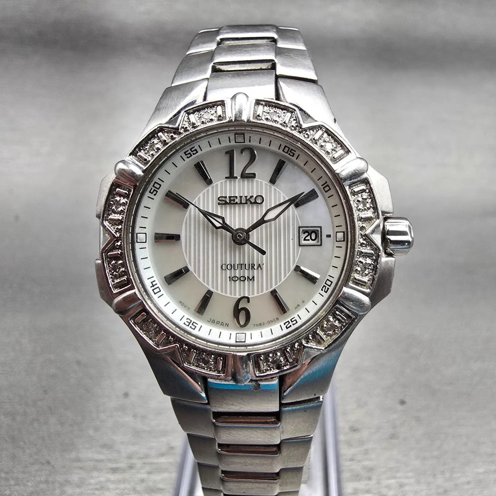 Seiko Coutura Watch Women 29mm MOP Dial Silver Tone Date Gemmed 7N82-0GD0 NewBat0