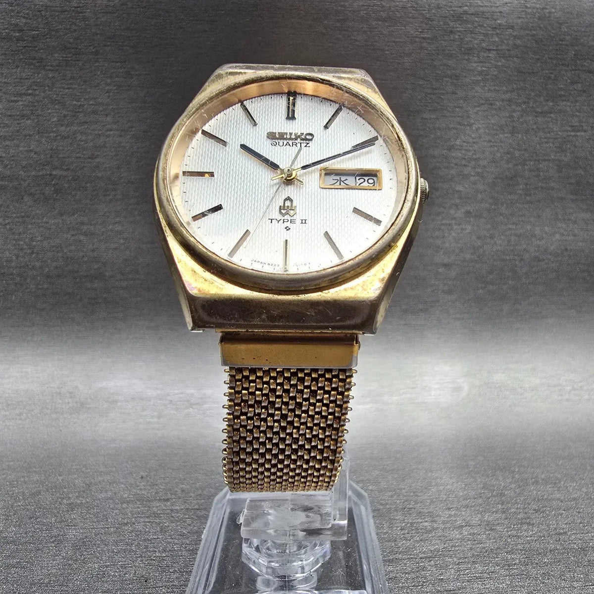 Seiko Type II Watch Men 35mm Silver Dial Gold Tone Daydate 8223-8090 New Batt JP5