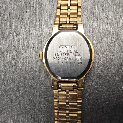 Seiko SX Watch Women 19mm Black Dial Gold Tone Round V401-0281 New Battery VTG10