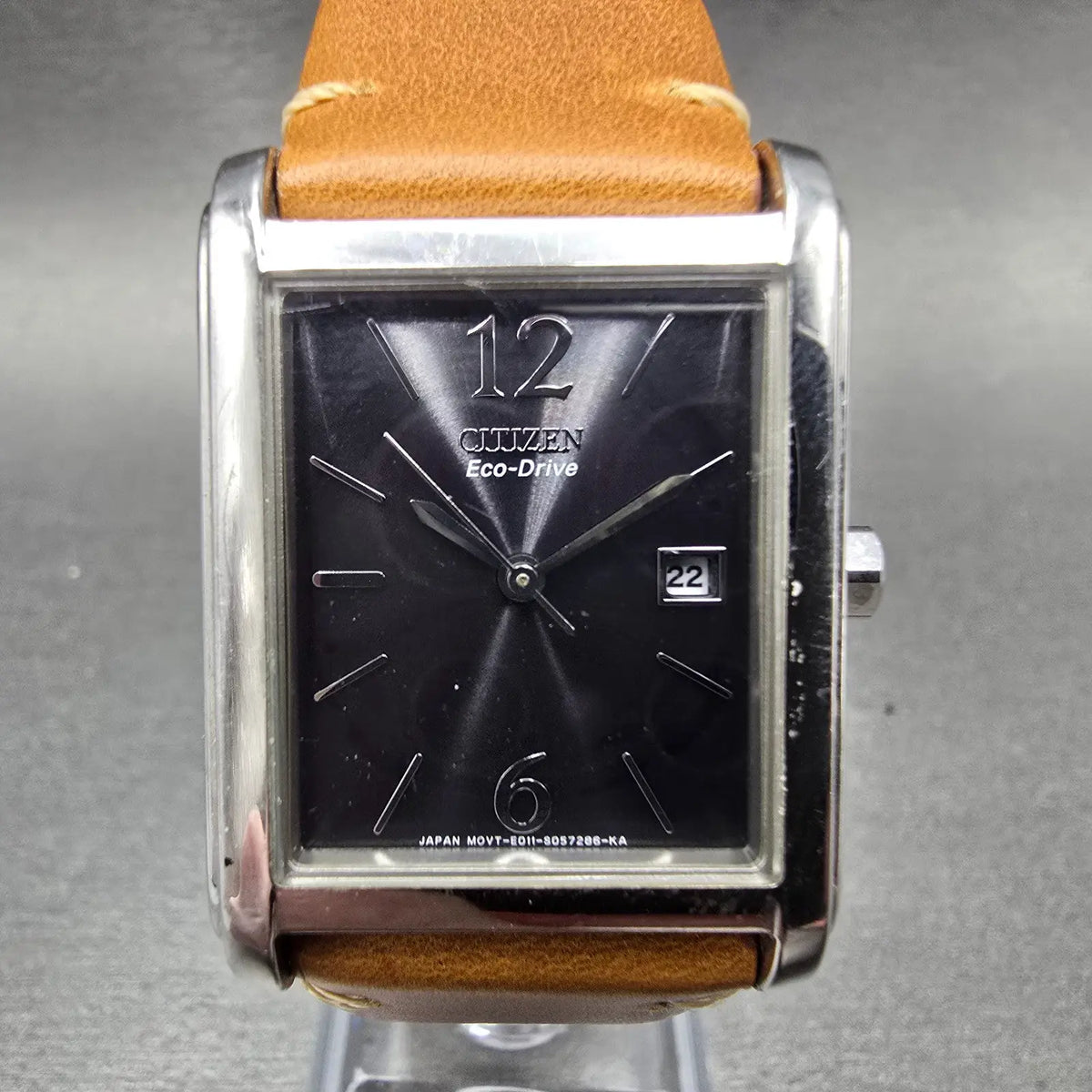 Citizen Eco-Drive Tank Watch Men 26mm Black Dial Silver Date Rectangle Runs JP0