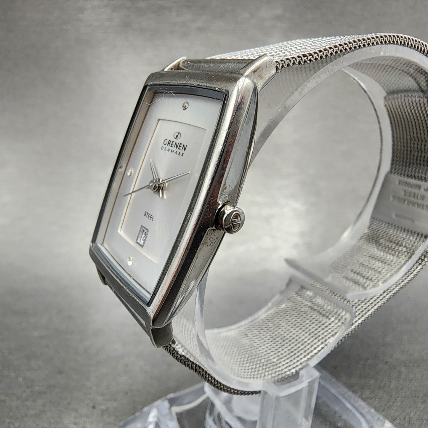 Skagen Grenen Tank Watch Women 23mm Silver Dial Steel Date Rectangle New Battery2