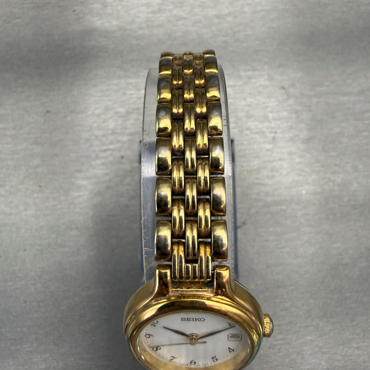 Seiko Watch Women 23mm White Dial Gold Tone Date Round 7N82-0228 VTG New Battery4
