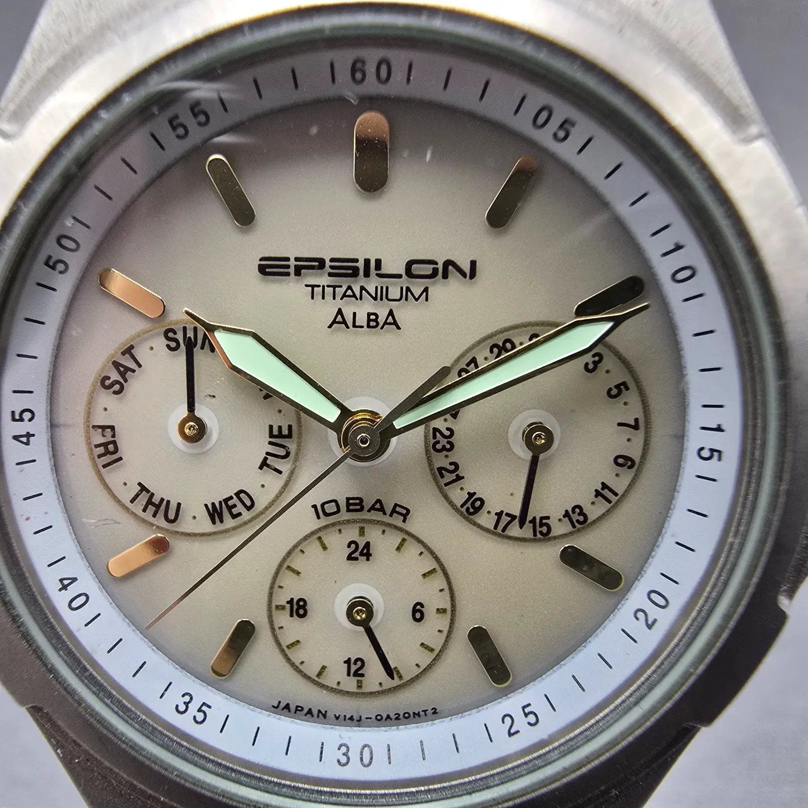 Seiko Alba Epsilon Watch Men 36mm Gray Dial Titanium Daydate V14J-0A10 Runs1
