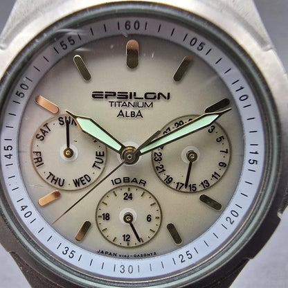 Seiko Alba Epsilon Watch Men 36mm Gray Dial Titanium Daydate V14J-0A10 Runs1
