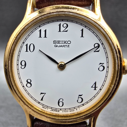 Seiko Watch Women 26mm White Dial Gold Tone Round V700-6091 New Battery VTG1