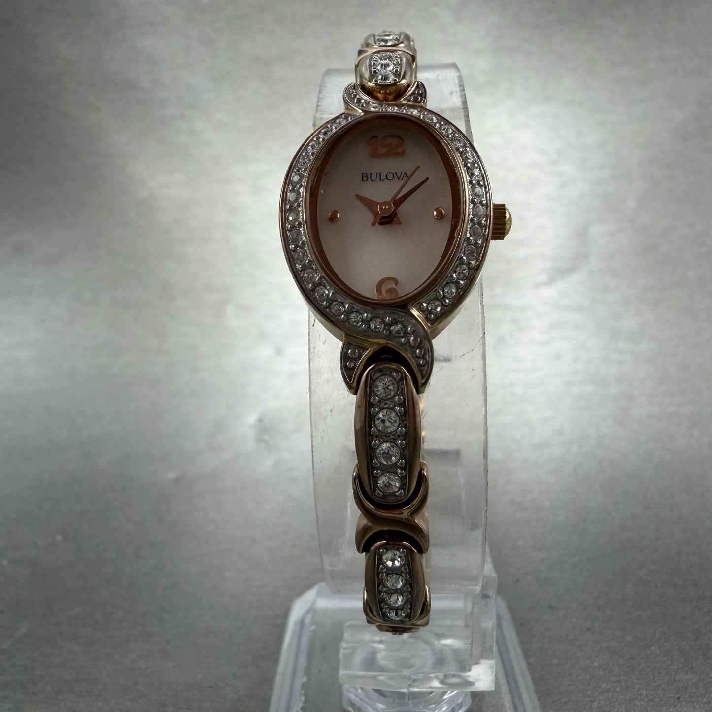 Bulova Watch Women 17mm MOP Dial Rose Gold Oval 98L200 New Battery Gem Set5
