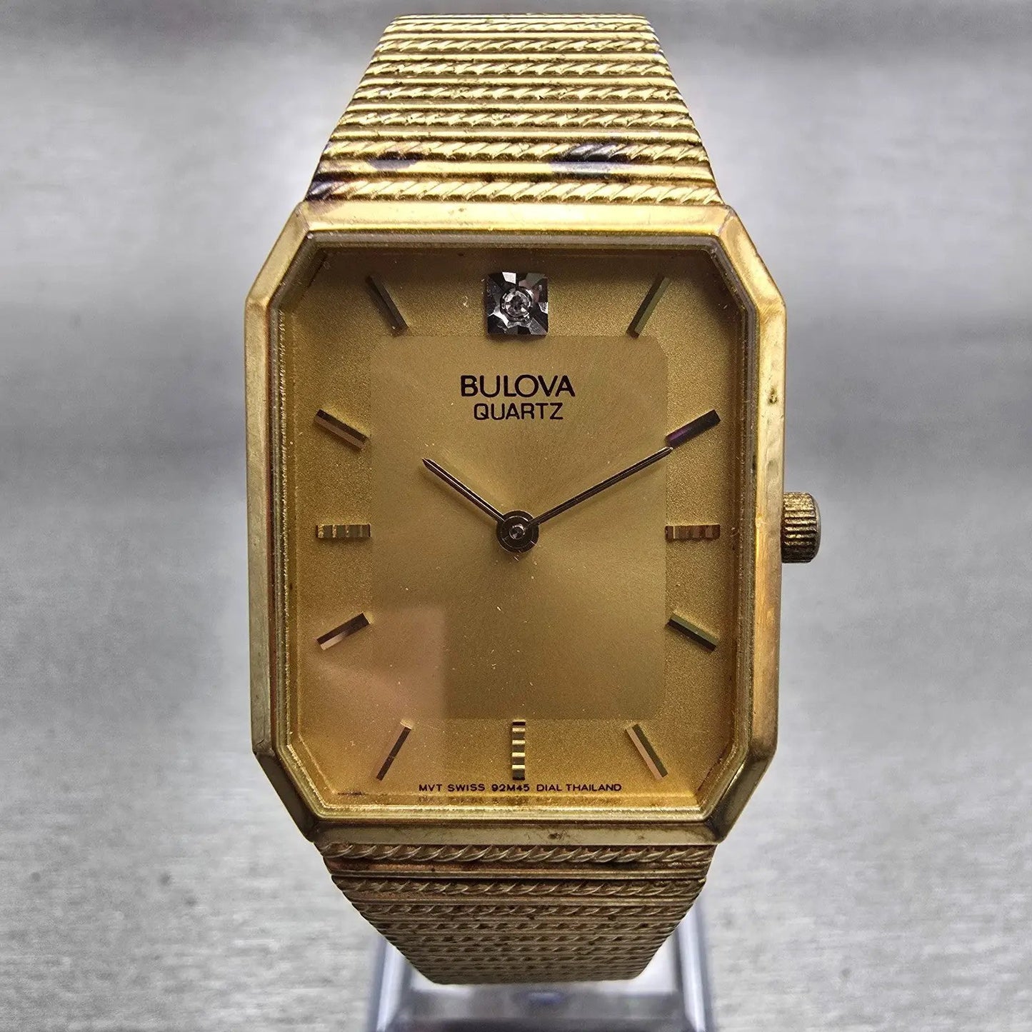 Bulova Watch Men 25mm Gold Dial Gold Tone Rectangle 92M45 New Battery Vintage0