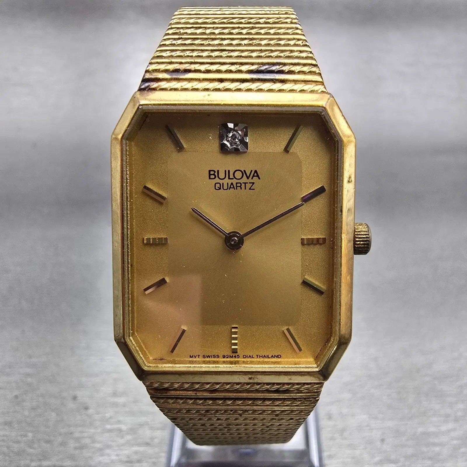Bulova Watch Men 25mm Gold Dial Gold Tone Rectangle 92M45 New Battery Vintage0