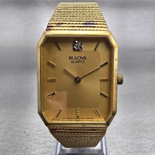 Bulova Watch Men 25mm Gold Dial Gold Tone Rectangle 92M45 New Battery Vintage0