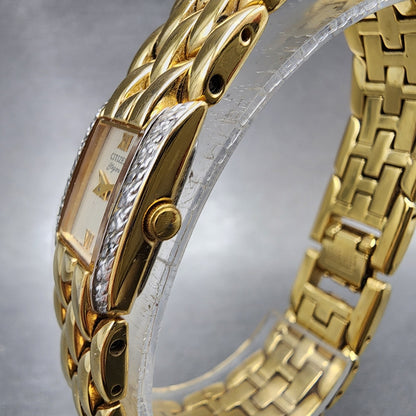 Citizen Elegance Tank Watch Women 15mm Champagne Dial Gold Tone New Battery2