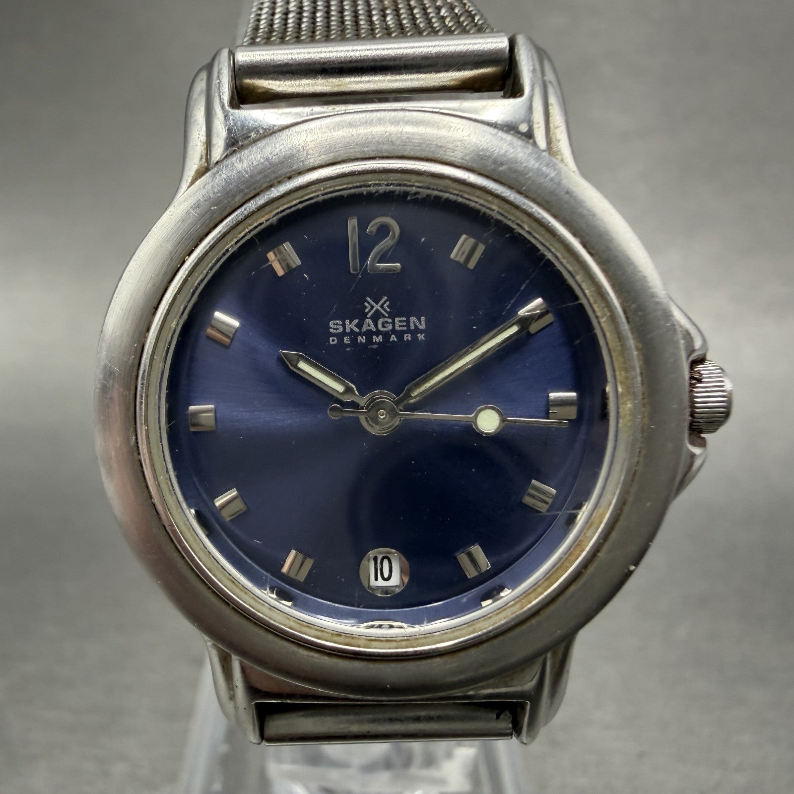Skagen Watch Women 28mm Blue Dial Silver Tone Date Round 106SSSN New Battery1
