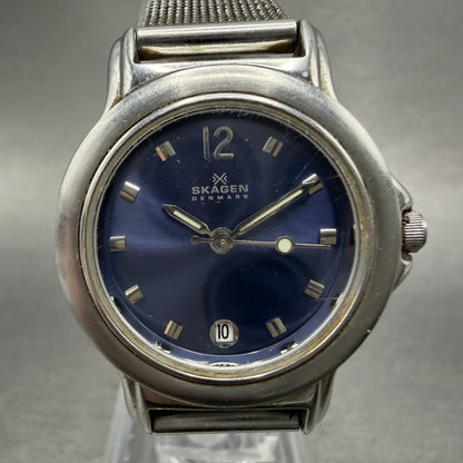 Skagen Watch Women 28mm Blue Dial Silver Tone Date Round 106SSSN New Battery1