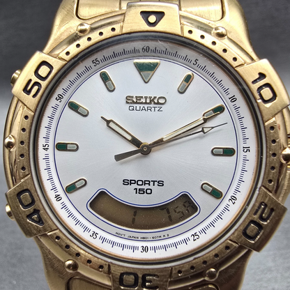Seiko Sports 150 Watch Men 40mm White Dial Gold Tone Chrono H801-6088 New Batt1