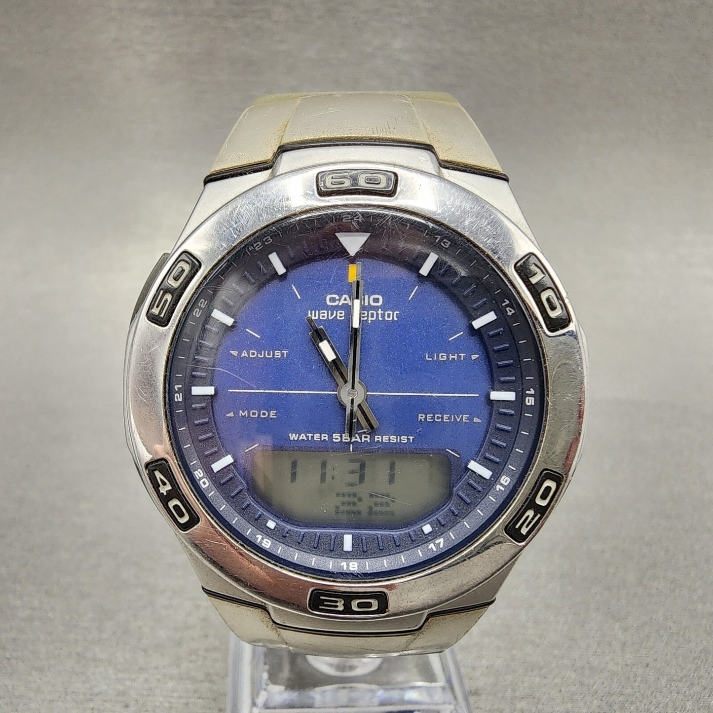Casio Wave Ceptor Watch Men 41mm Blue Dial Silver Tone Analog Digital WVA105h0