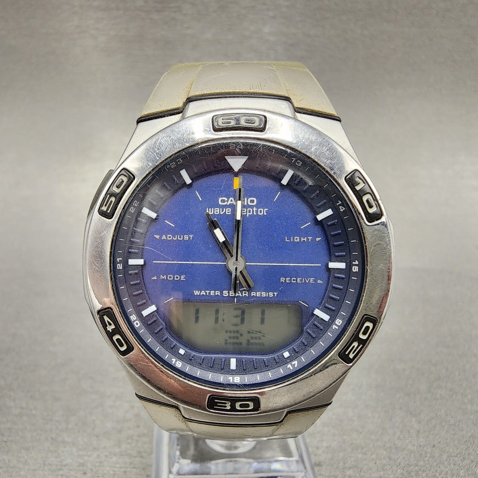 Casio Wave Ceptor Watch Men 41mm Blue Dial Silver Tone Analog Digital WVA105h0