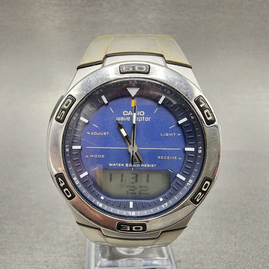 Casio Wave Ceptor Watch Men 41mm Blue Dial Silver Tone Analog Digital WVA105h0