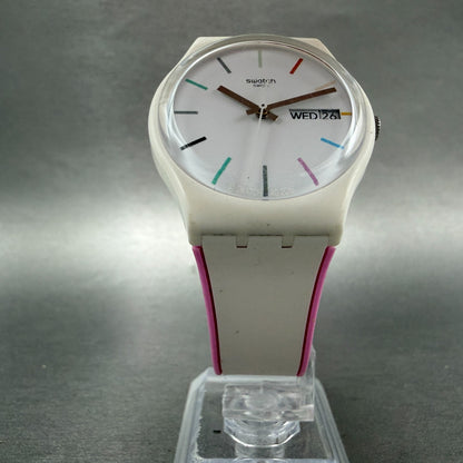 Swatch Edgyline Watch Men 34mm White Dial White Tone Daydate GW708 New Battery5
