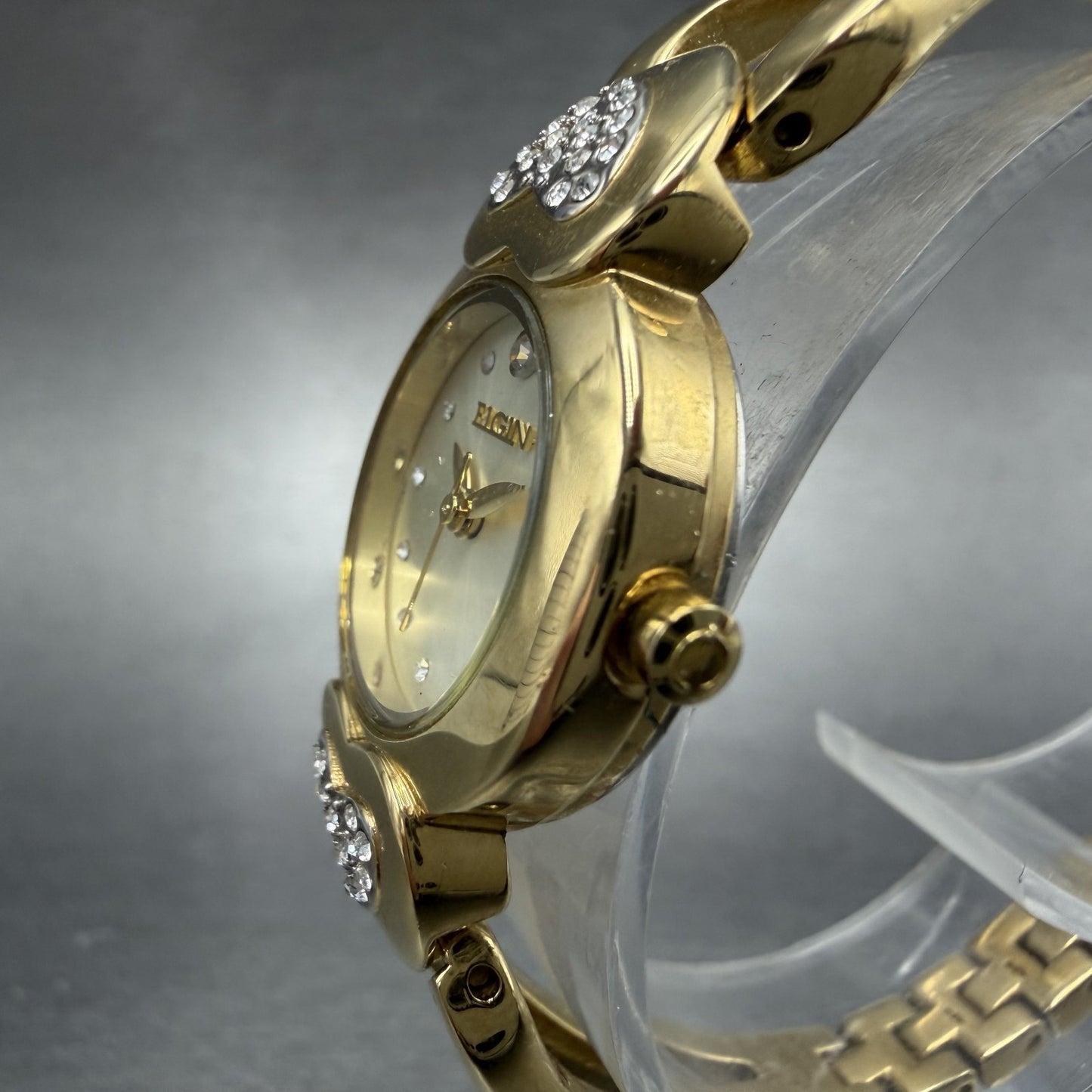 Elgin Watch Women 22mm Champagne Dial Gold Tone Hearts Crystals New Battery2