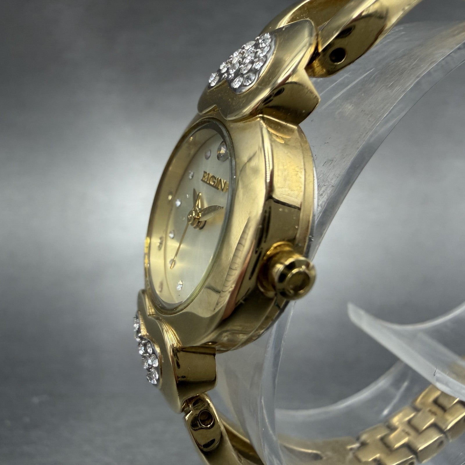 Elgin Watch Women 22mm Champagne Dial Gold Tone Hearts Crystals New Battery2
