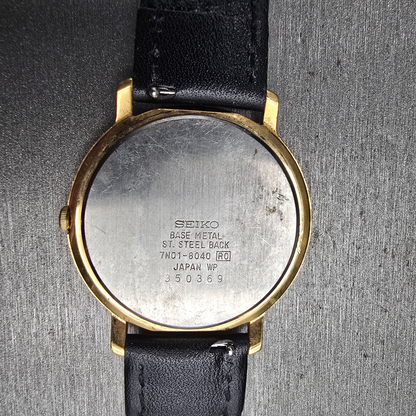 Seiko Watch Men 36mm Black Dial Gold Tone Round 7N01-8040 New Battery Vintage10