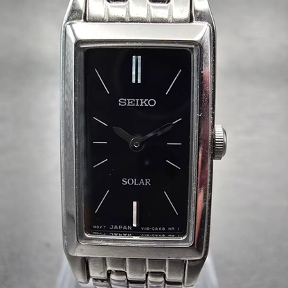 Seiko Solar Tank Watch Women 15mm Black Dial Silver Rectangle V116-0AA0 Works1