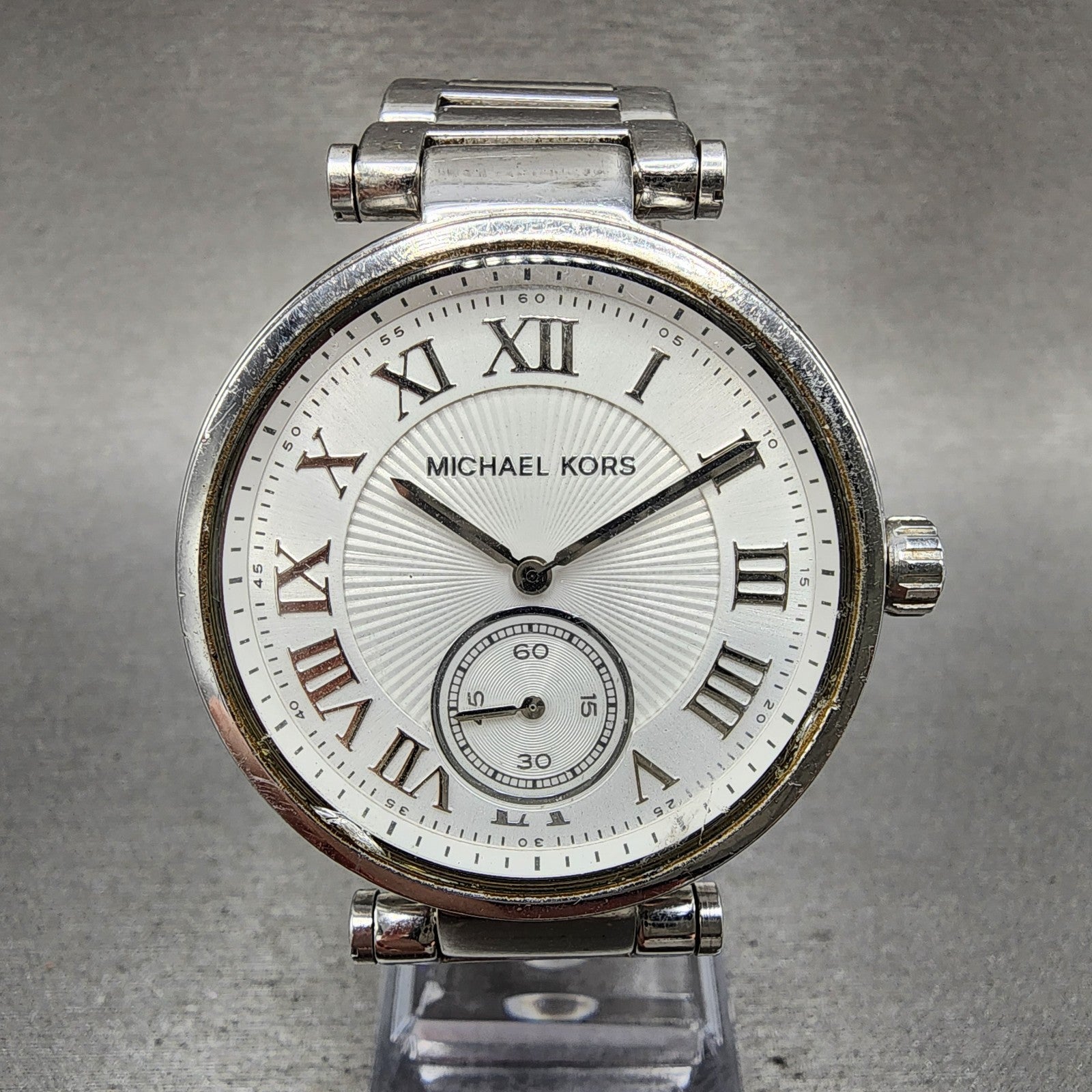 Michael Kors Skylar Watch Women 42mm White Dial Silver Tone MK5866 New Battery0