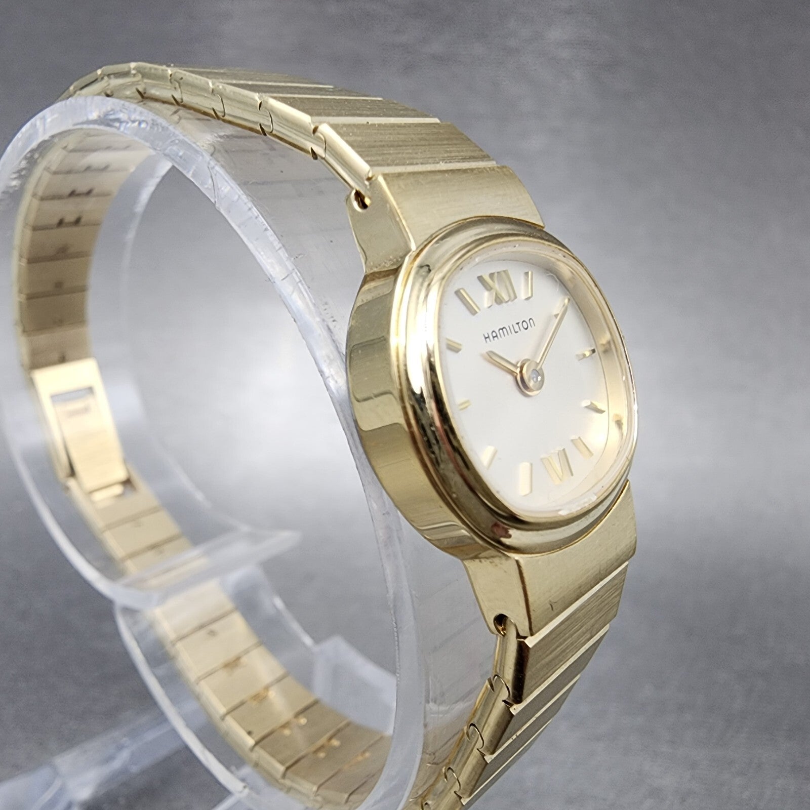 Hamilton Watch Women 19mm Cream Dial Gold Tone Rectangle Oval New Battery3