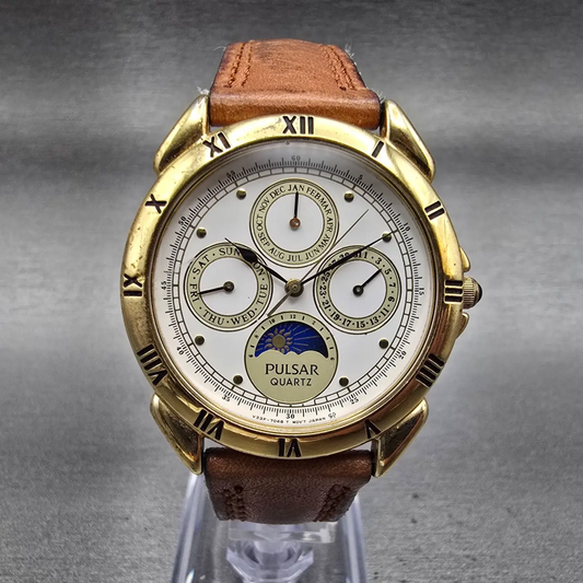 Pulsar Watch Men 35mm White Dial Gold Sun Moon Triple Calendar V33F-7030 New Bat0