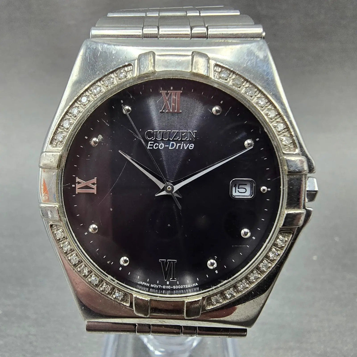 Citizen Eco-Drive Watch Men 36mm Black Dial Silver Date Round Diamonds Runs JP0