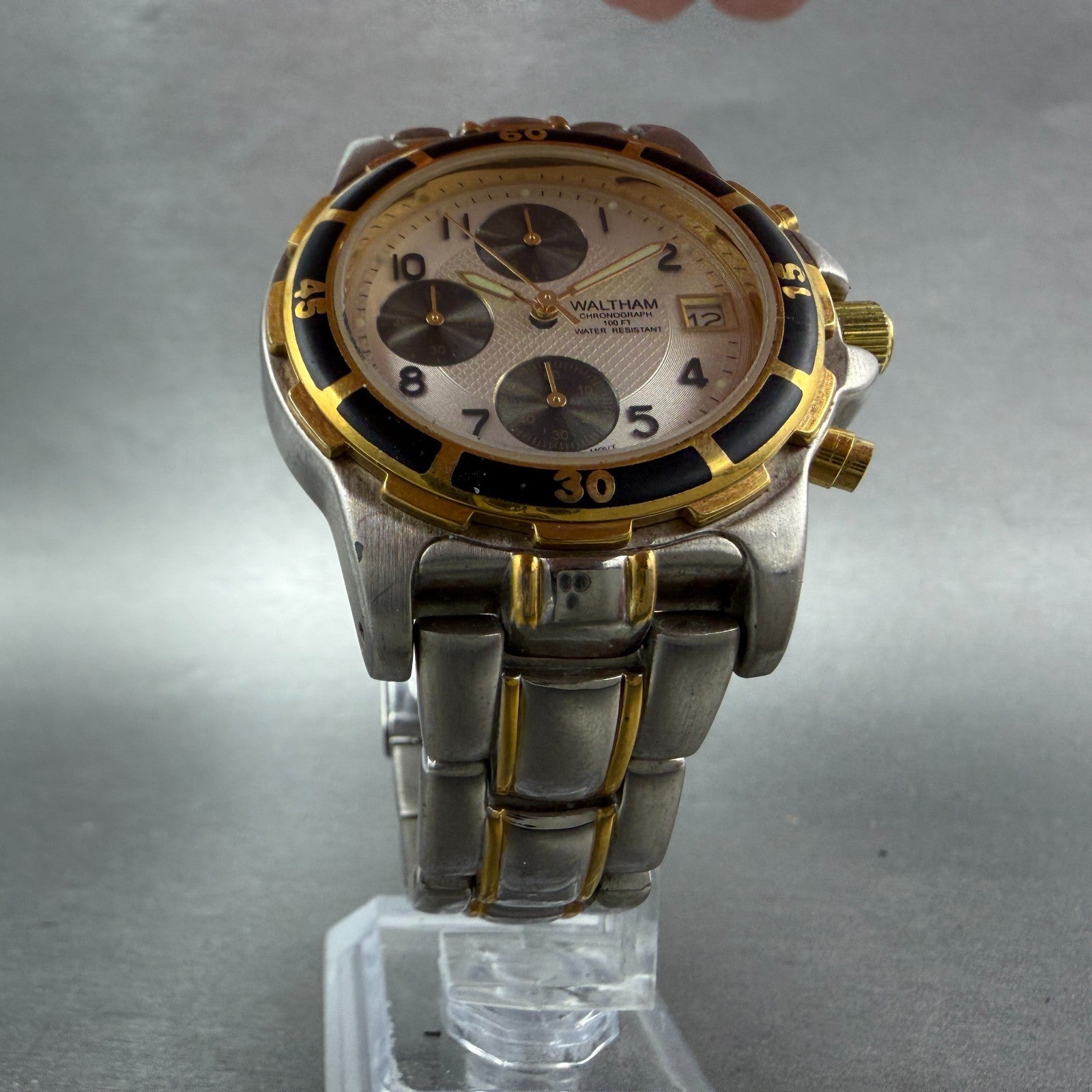 Waltham Chronograph Watch Men 40mm White Dial Two Tone Date Round New Battery5