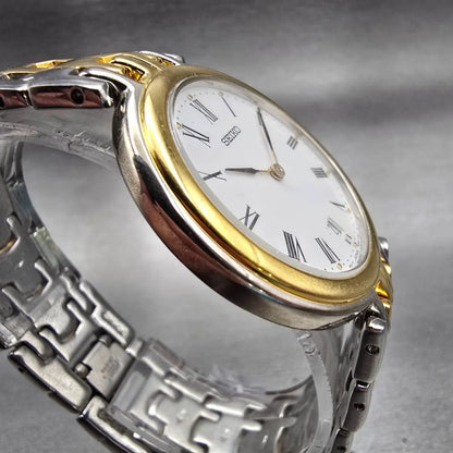 Seiko Watch Men 34mm White Dial Two Tone Date Round 7N39-7029 New Battery VTG3