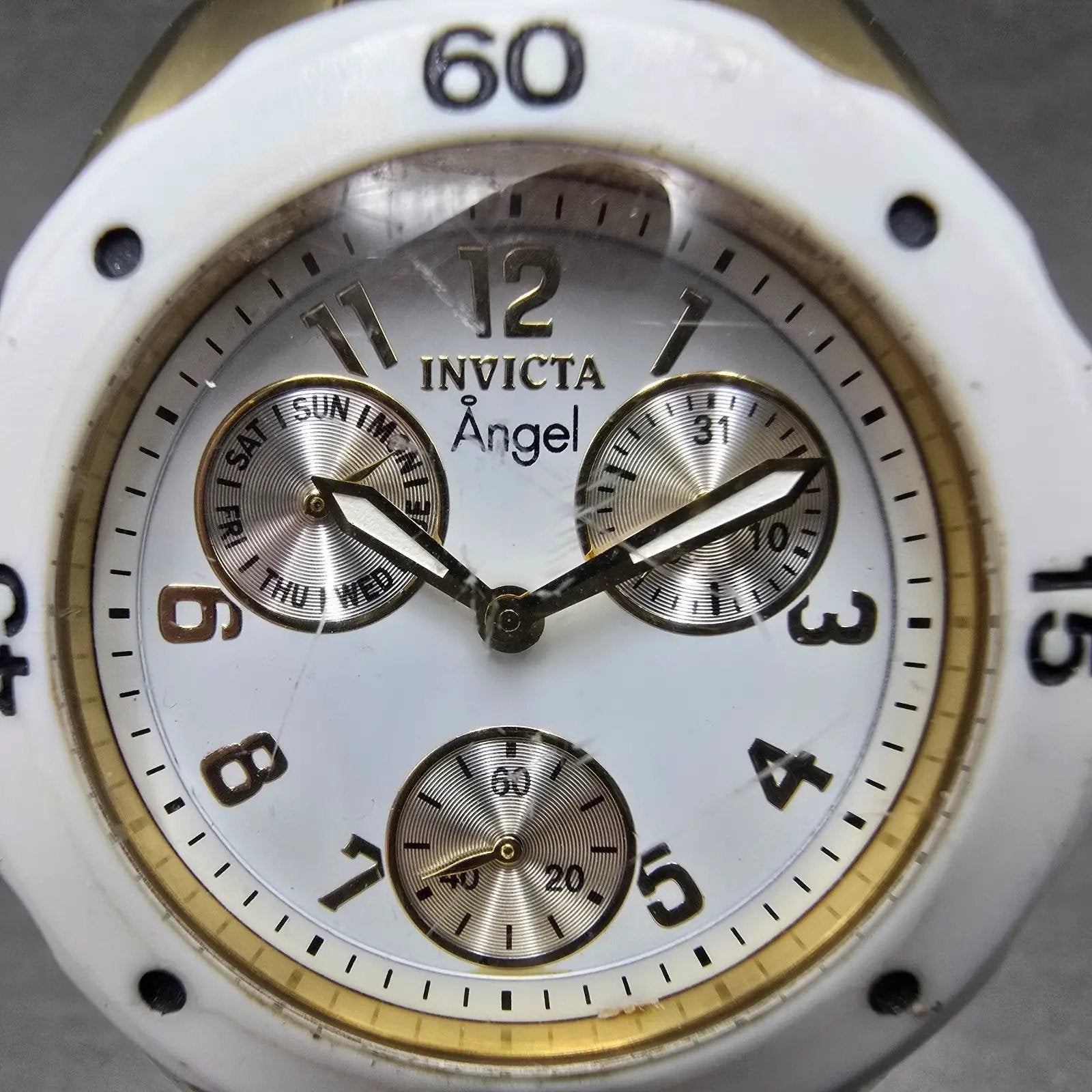 Invicta Angel Dive Watch Women 38mm White Dial Gold Tone Daydate 0718 New Batt1