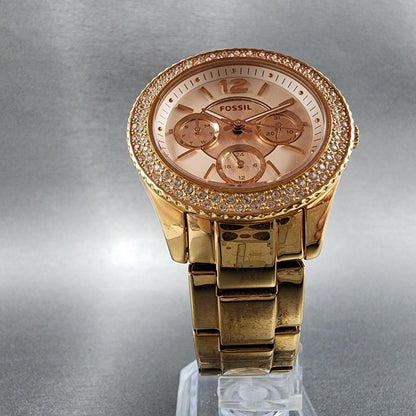 Fossil Stella Watch Women 38mm Rose Dial Rose Gold Tone Daydate Round New Batt5