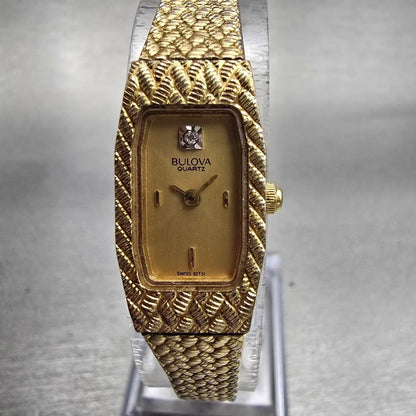 Bulova Watch Women 13mm Gold Dial Gold Tone Rectangle New Battery Vintage 92T510