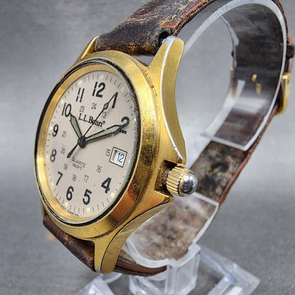 LL Bean Field Watch Men 34mm Gray Dial Gold Tone Date Round New Battery A12 VTG3
