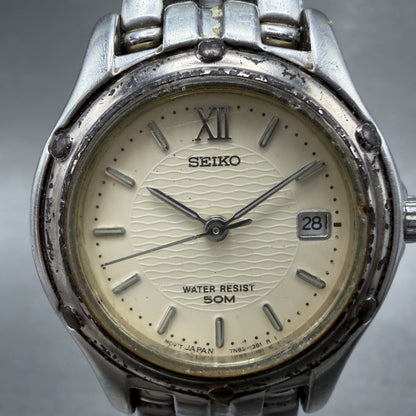 Seiko Watch Women 26mm Cream Dial Silver Tone Date Round 7N820599 New Battery Q1