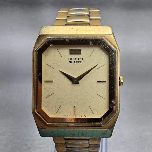 Seiko Watch Men 26mm Cream Dial Gold Tone Rectangle 7430-5409 New Battery VTG0