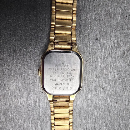 Seiko Tank Watch Women 18mm Gold Dial Gold Tone Rectangle V401-5250 New Battery10