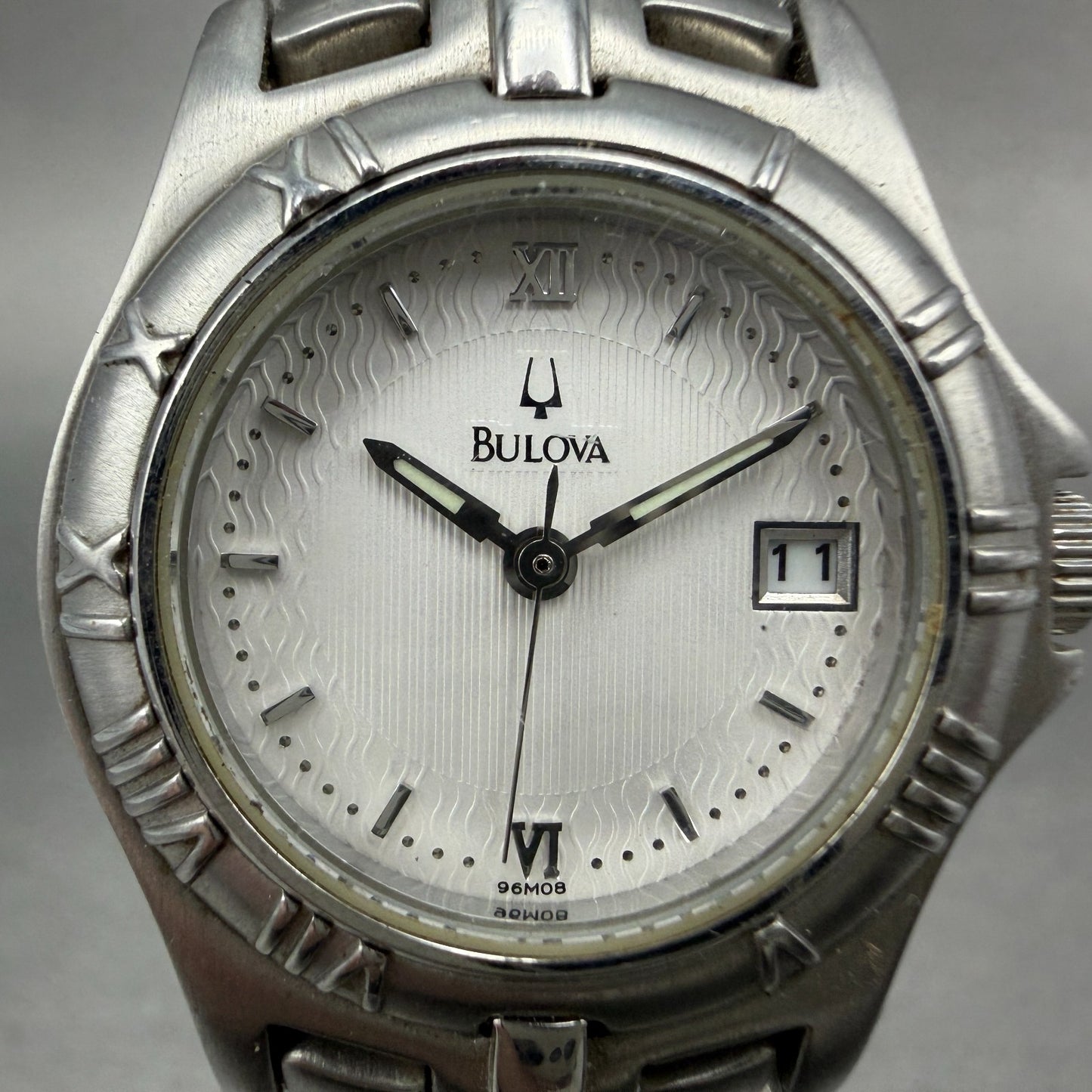 Bulova Watch Women 26mm White Dial Silver Tone Date Round 96M08 New Battery1