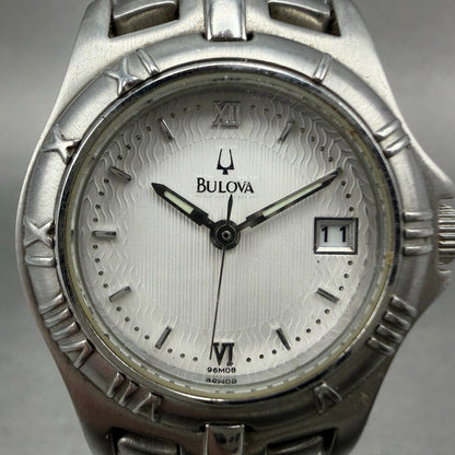 Bulova Watch Women 26mm White Dial Silver Tone Date Round 96M08 New Battery1