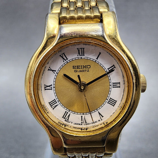Seiko Watch Women 19mm White Dial Gold Tone Round V401-0289 New Battery
