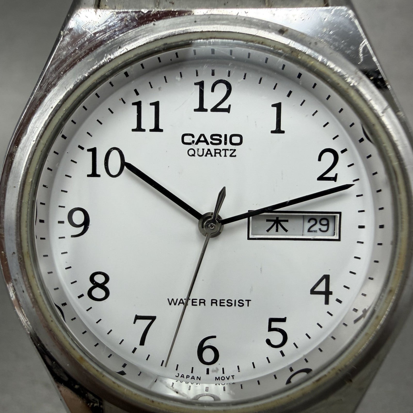 Casio Watch Men 36mm White Dial Silver Tone Daydate Round MTP1240 New Battery1